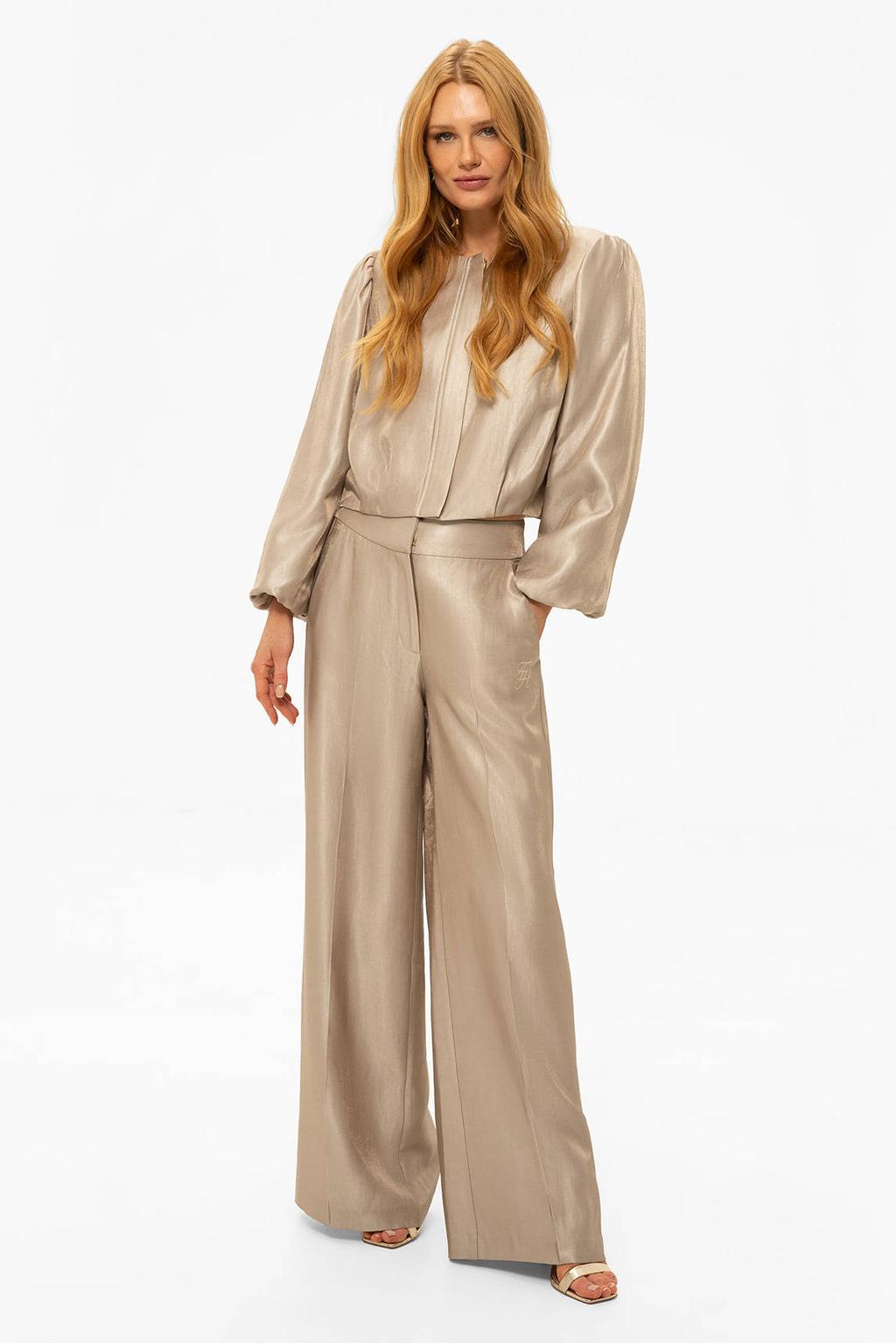 Taupe dames Fifth House wide leg regular waist broek van viscose met haaksluiting en effen