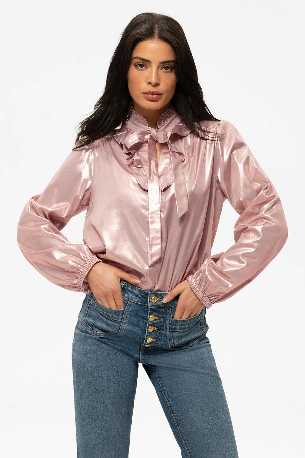 Lichtroze dames Fifth House blouse van polyester met effen, lange mouwen, strikkraag, knoopsluiting en glimmend detail