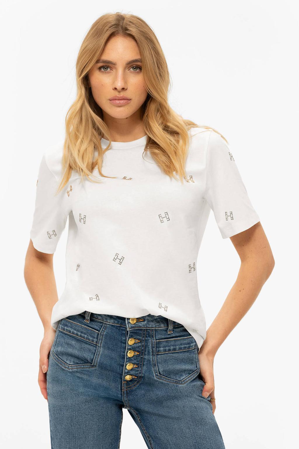 Witte dames Fifth House T-shirt van katoen met korte mouwen, ronde hals en sierstenen