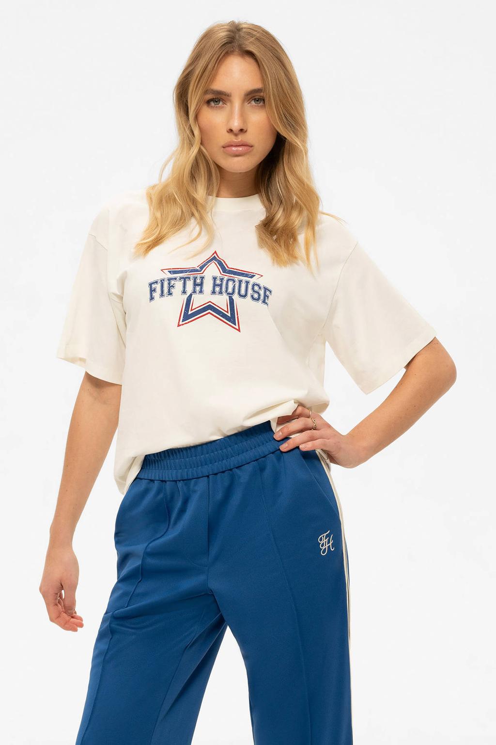 Ecru en blauwe dames Fifth House T-shirt van katoen met printopdruk, korte mouwen en ronde hals