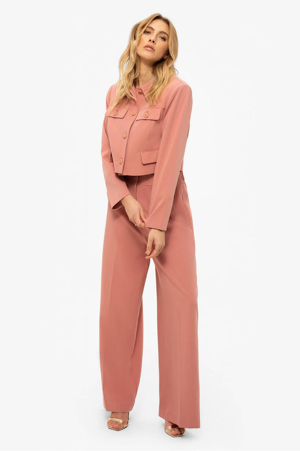 Roze dames Fifth House straight low waist pantalon van polyester met rits- en knoopsluiting en effen