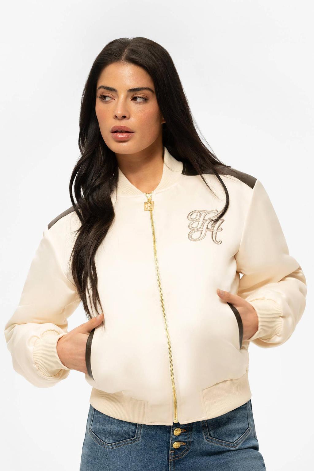 Ecru en bruine dames Fifth House bomberjack van polyester met backprint, lange mouwen en ronde hals