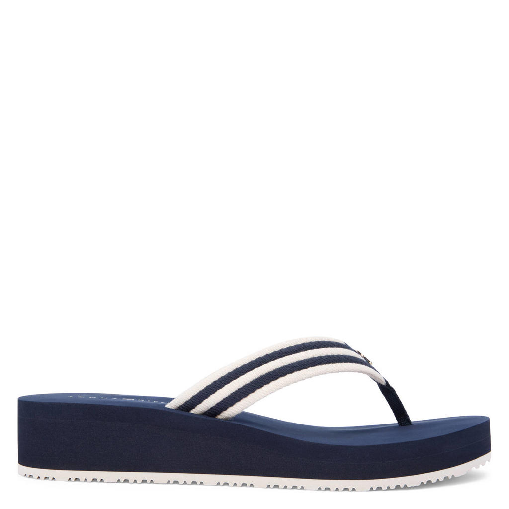 Donkerblauwe dames Tommy Hilfiger gestreepte teenslippers van 100% polyester