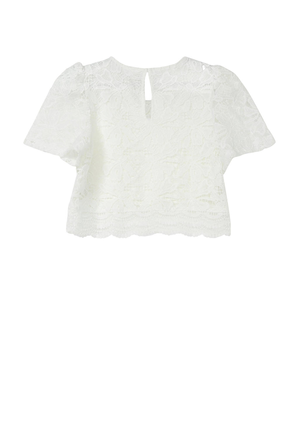 Witte meisjes s.Oliver cropped top van polyester met effen, korte mouwen, ronde hals en kant