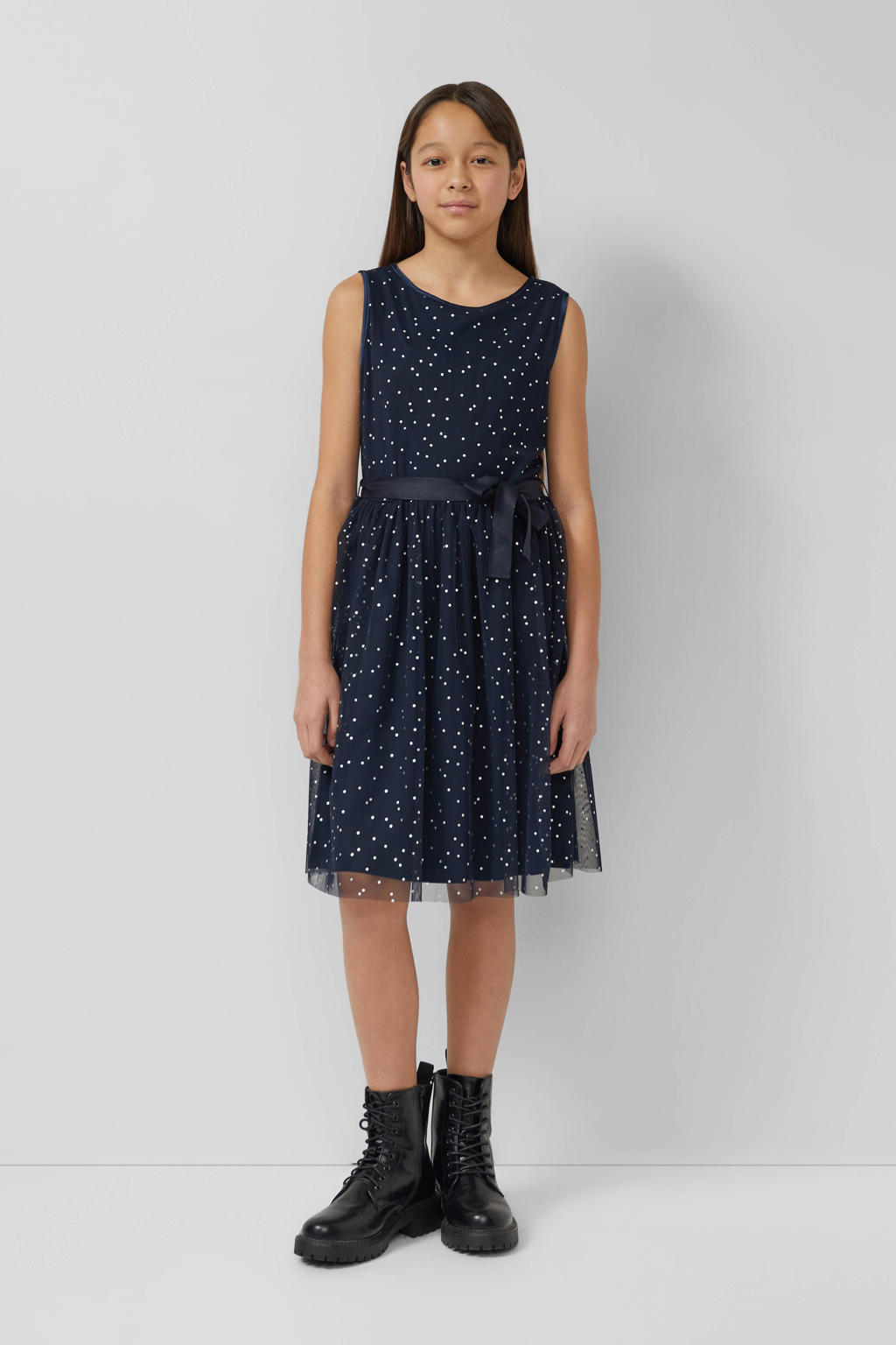 Donkerblauwe meisjes s.Oliver korte jurk van polyester met stippenprint, ronde hals en ritssluiting