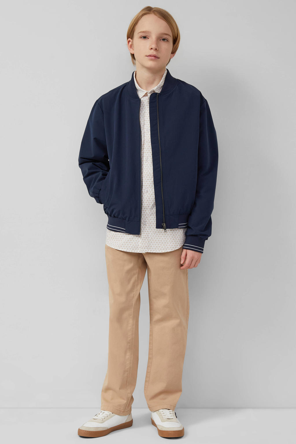 Donkerblauwe jongens s.Oliver bomberjack van polyester met effen, lange mouwen, klassieke kraag, ritssluiting en geribde boorden