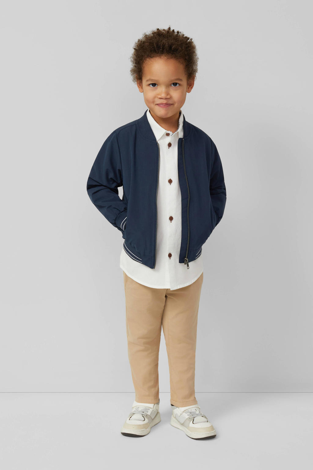 Donkerblauwe jongens s.Oliver bomberjack van polyester met effen, lange mouwen, klassieke kraag, ritssluiting en geribde boorden