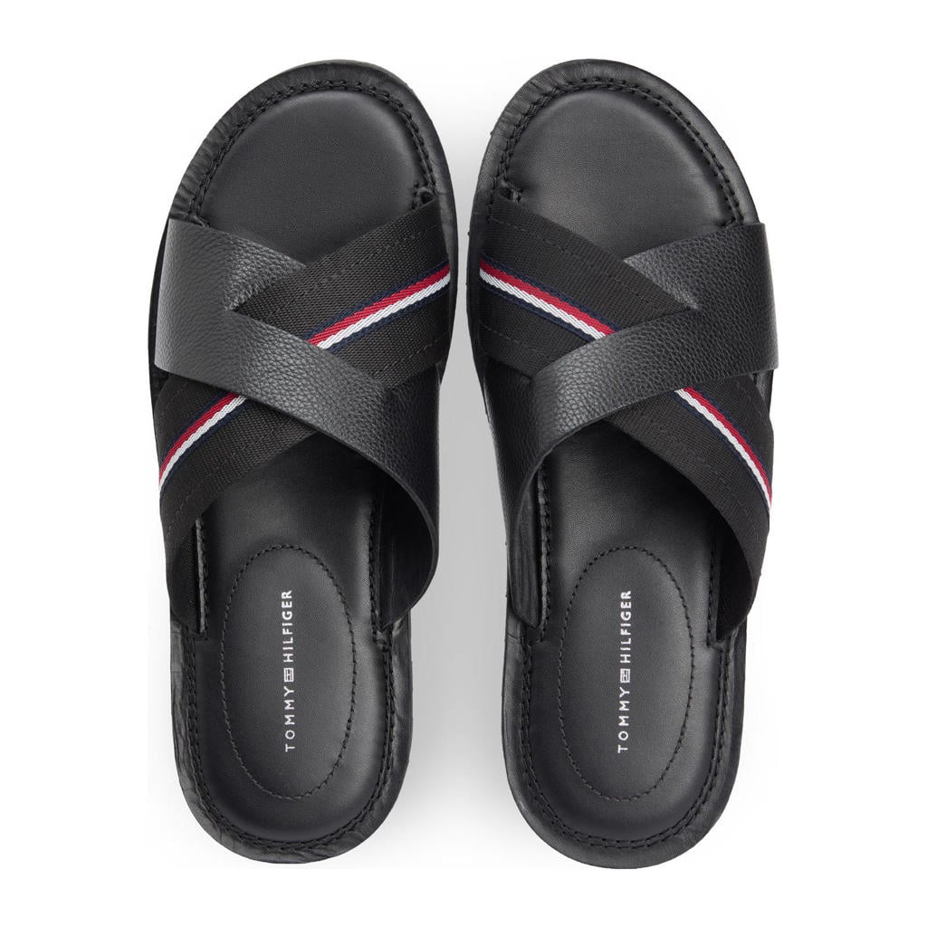 Zwarte heren Tommy Hilfiger leren slippers