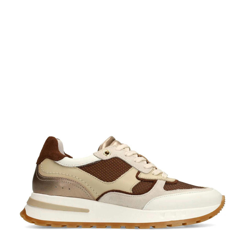 Beige en bruine dames Manfield leren sneakers met veters