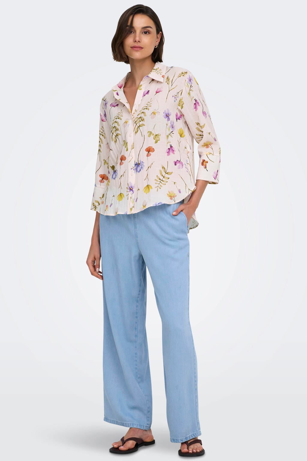 Lichtblauwe dames JDY wide leg regular waist casual broek van lyocell met elastische tailleband met koord en effen
