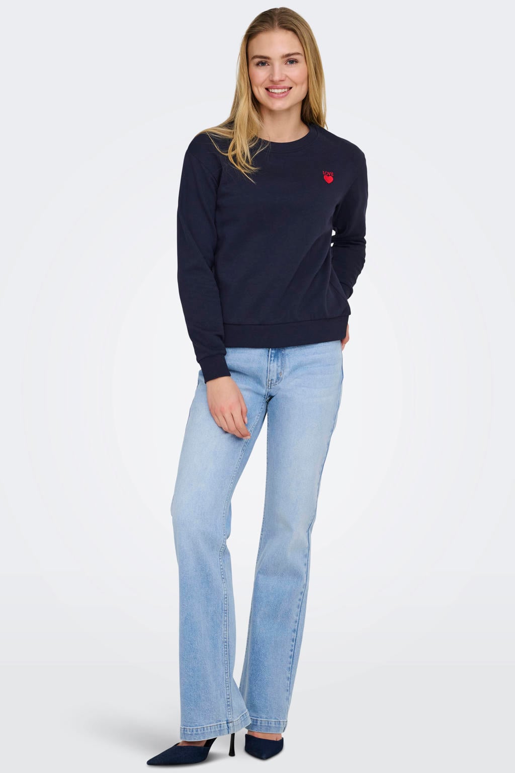 Donkerblauwe dames JDY sweater met printopdruk, lange mouwen, ronde hals en elastische boord