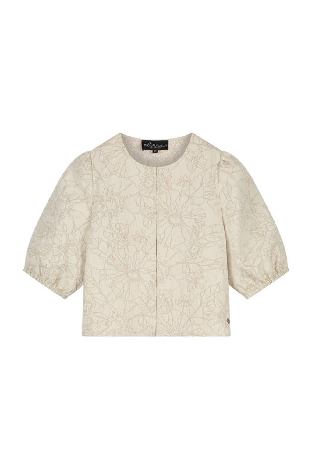 Crème dames Elvira Collections gebloemde top van polyester met half lange mouwen, ronde hals en borduursels