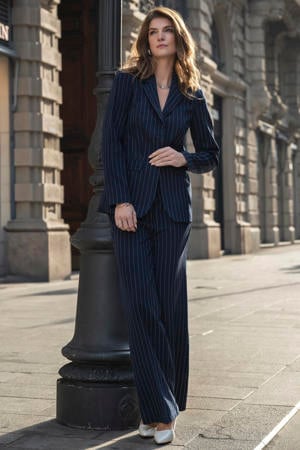 wide leg high waist pantalon met krijtstreep donkerblauw