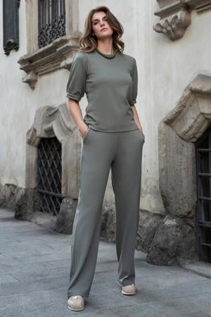 wide leg high waist casual broek kaki