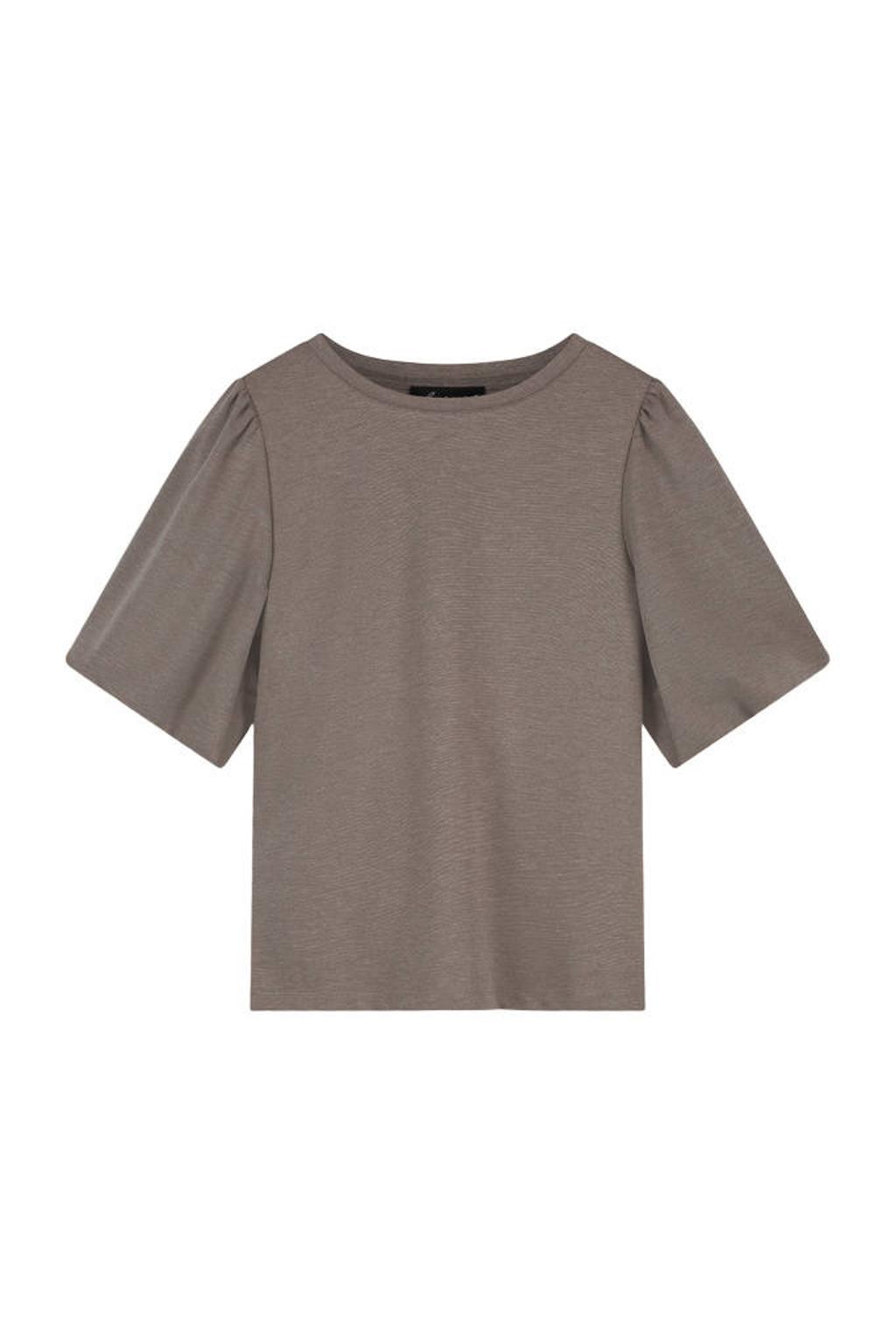 Taupe dames Elvira Collections top van viscose met effen, half lange mouwen en ronde hals