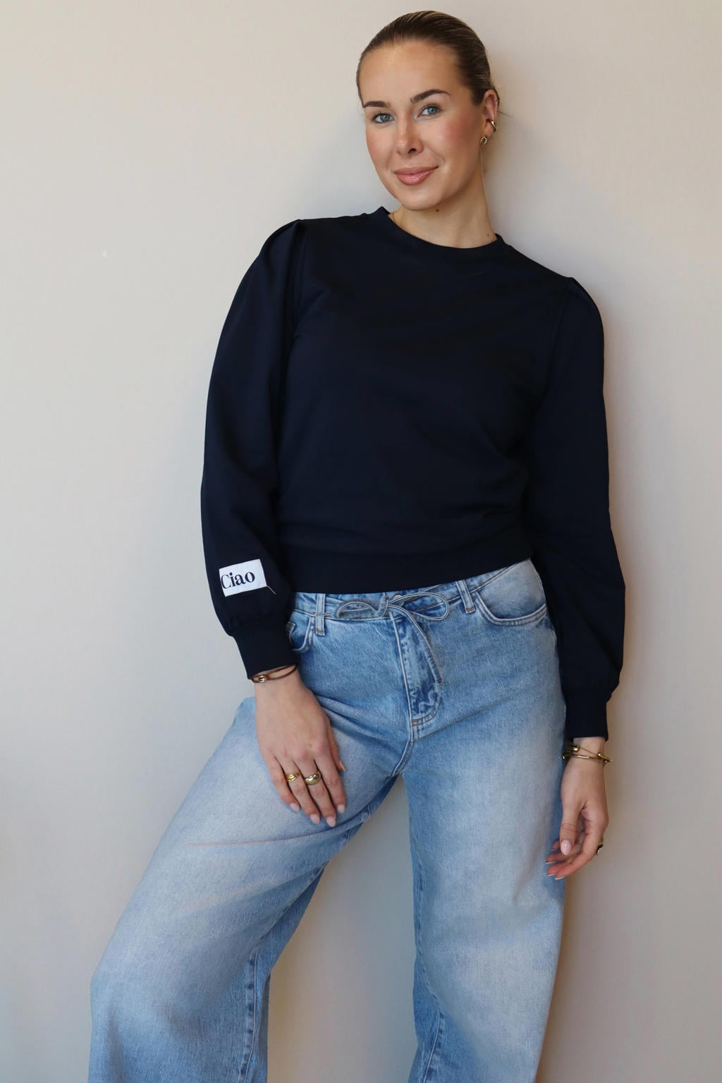 Blauwe dames Elvira Collections sweater van viscose met tekst print, lange mouwen, ronde hals en geribde boorden