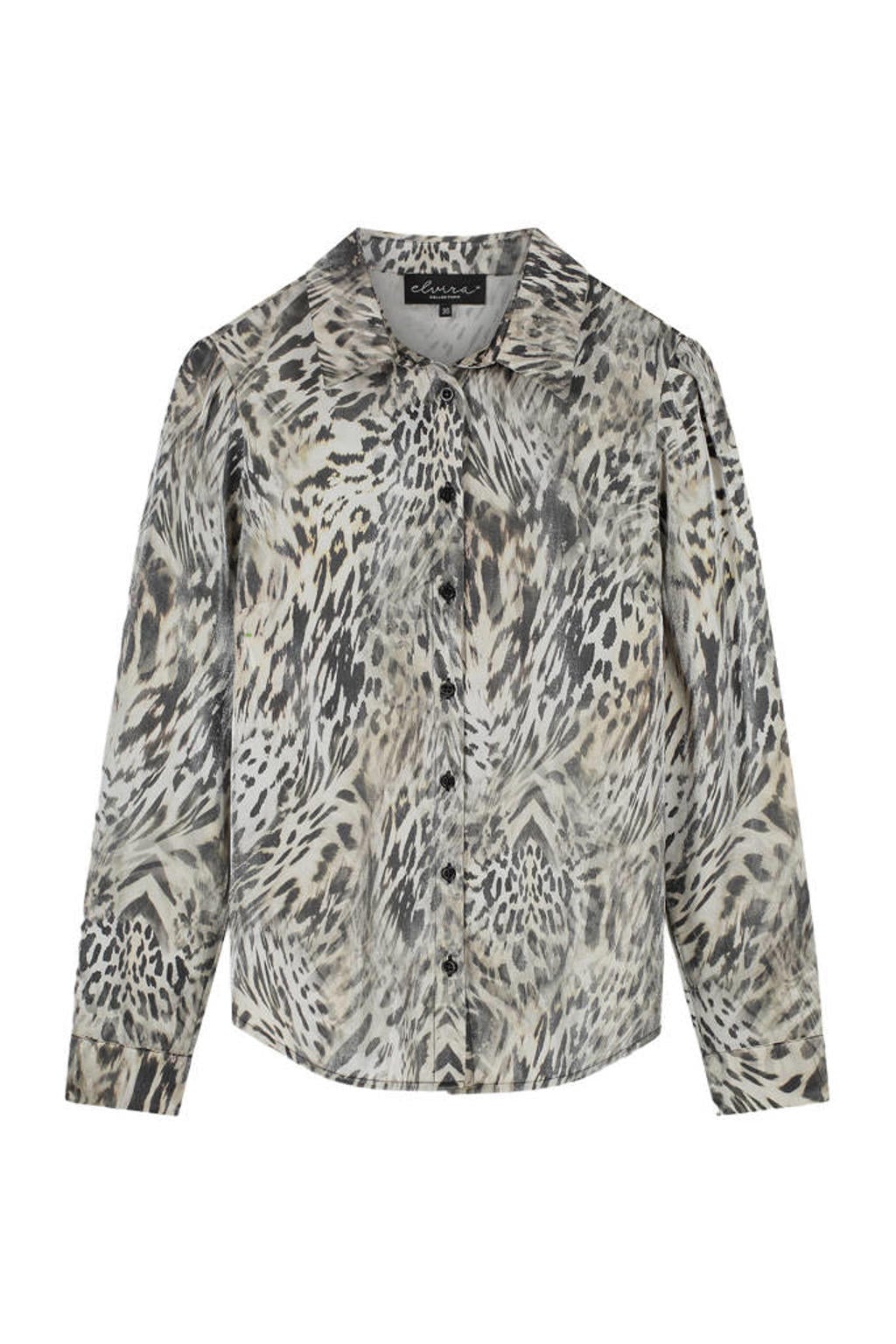 Crème dames Elvira Collections blouse groen van katoen met dierenprint, lange mouwen, klassieke kraag en knoopsluiting