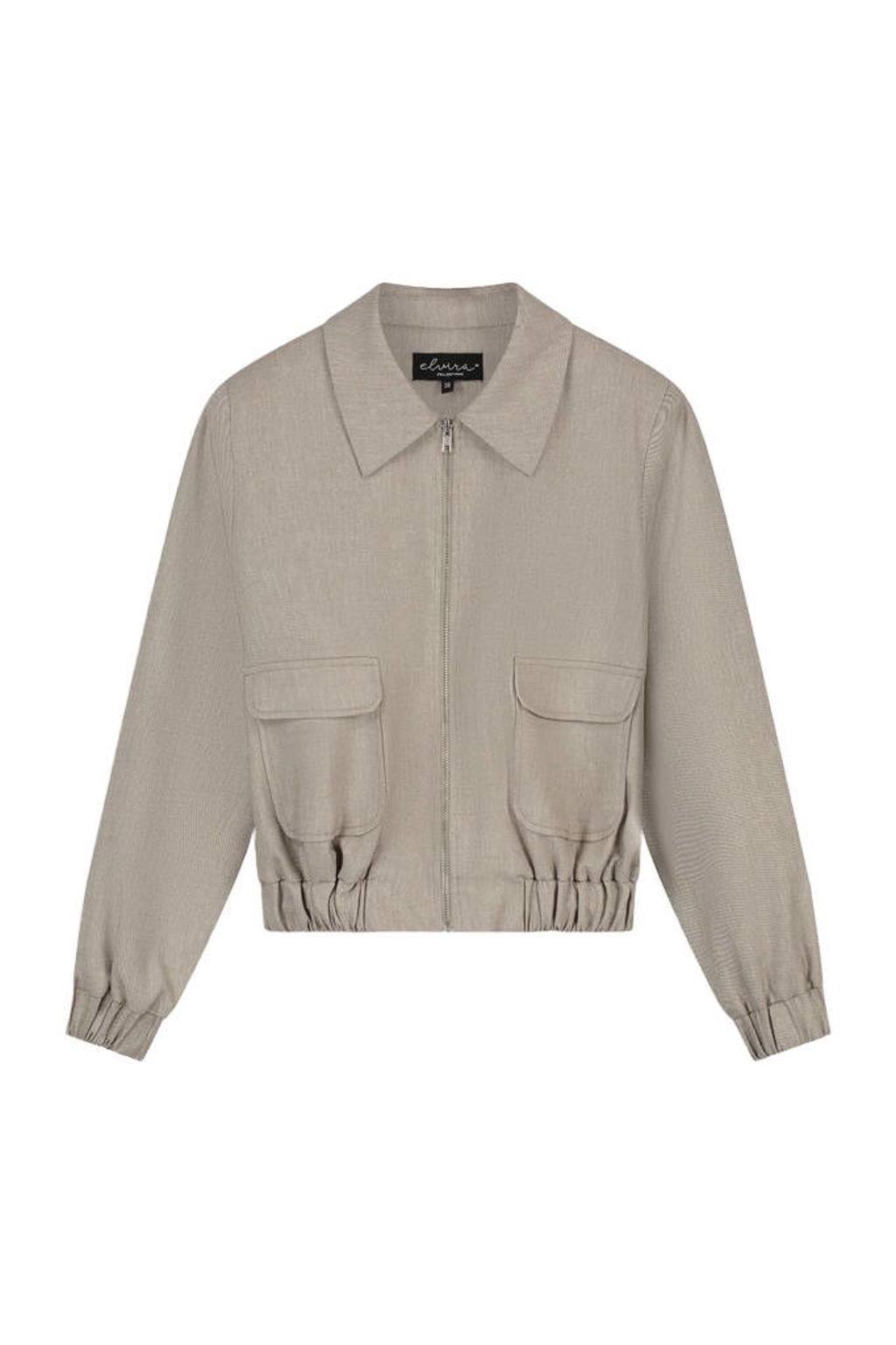 Taupe dames Elvira Collections bomberjack van polyester met effen, lange mouwen, widespread hals en ritssluiting