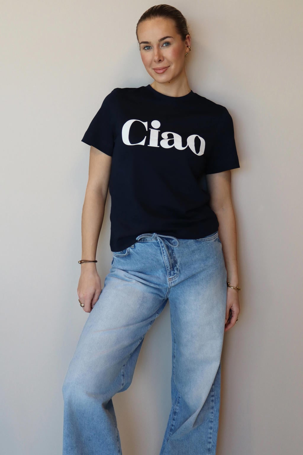 Blauwe dames Elvira Collections T-shirt van viscose met tekst print, korte mouwen en ronde hals