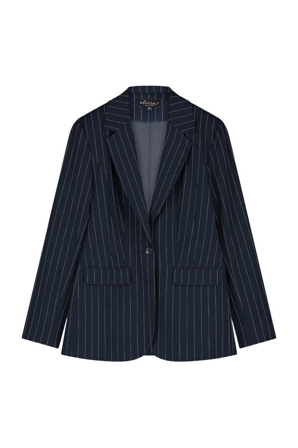 Donkerblauwe dames Elvira Collections regular blazer van polyester met krijtstreepprint, lange mouwen, reverskraag en knoopsluiting