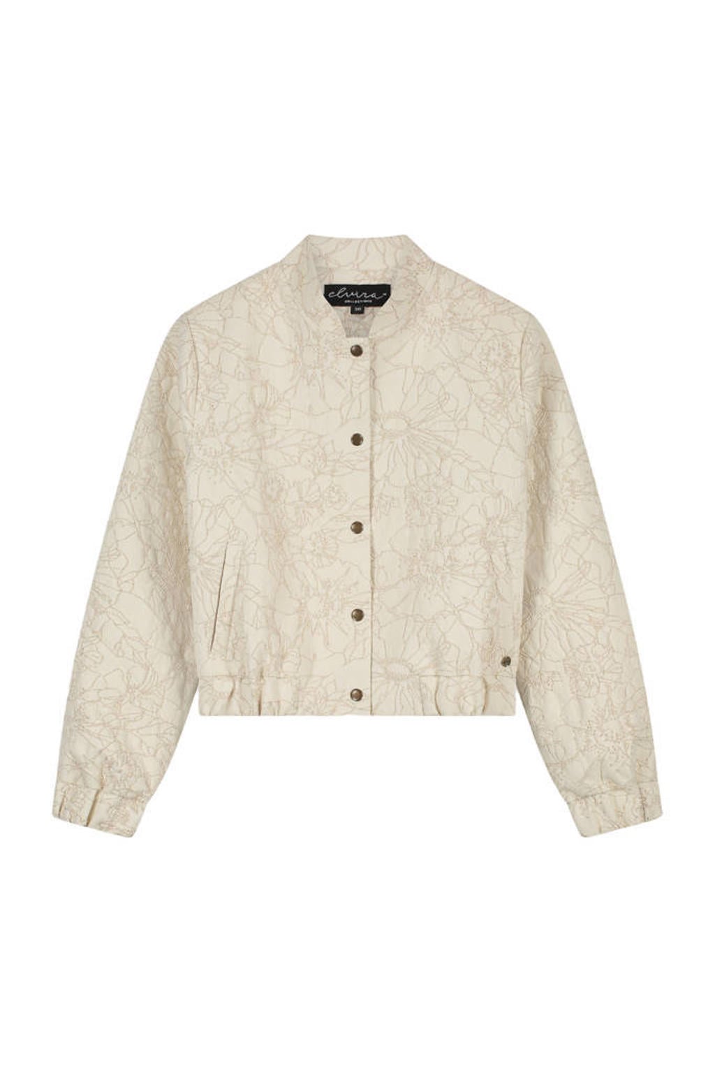 Crème dames Elvira Collections bomberjack van polyester met bloemenprint, lange mouwen, opstaande kraag, knoopsluiting en borduursels