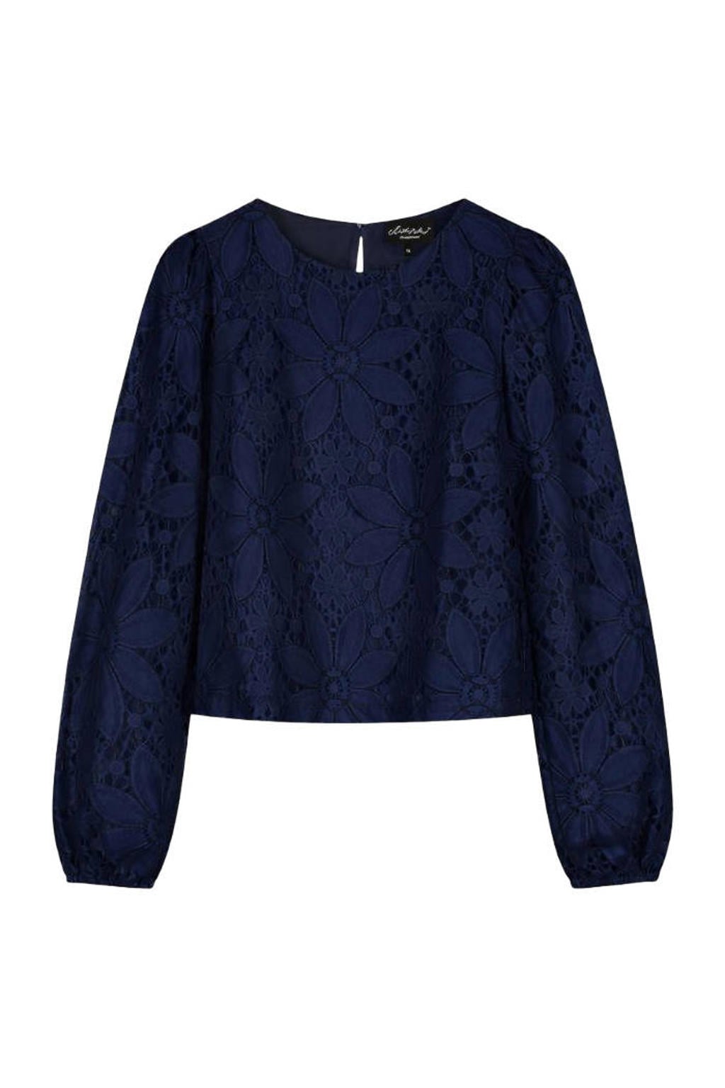 Donkerblauwe dames Elvira Collections top met effen, lange mouwen, ronde hals en kant