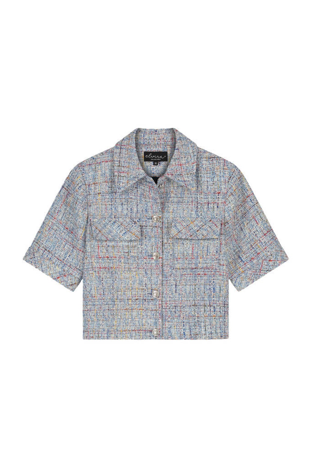 Blauwe dames Elvira Collections jasje van katoen met melée print, half lange mouwen, widespread hals en knoopsluiting