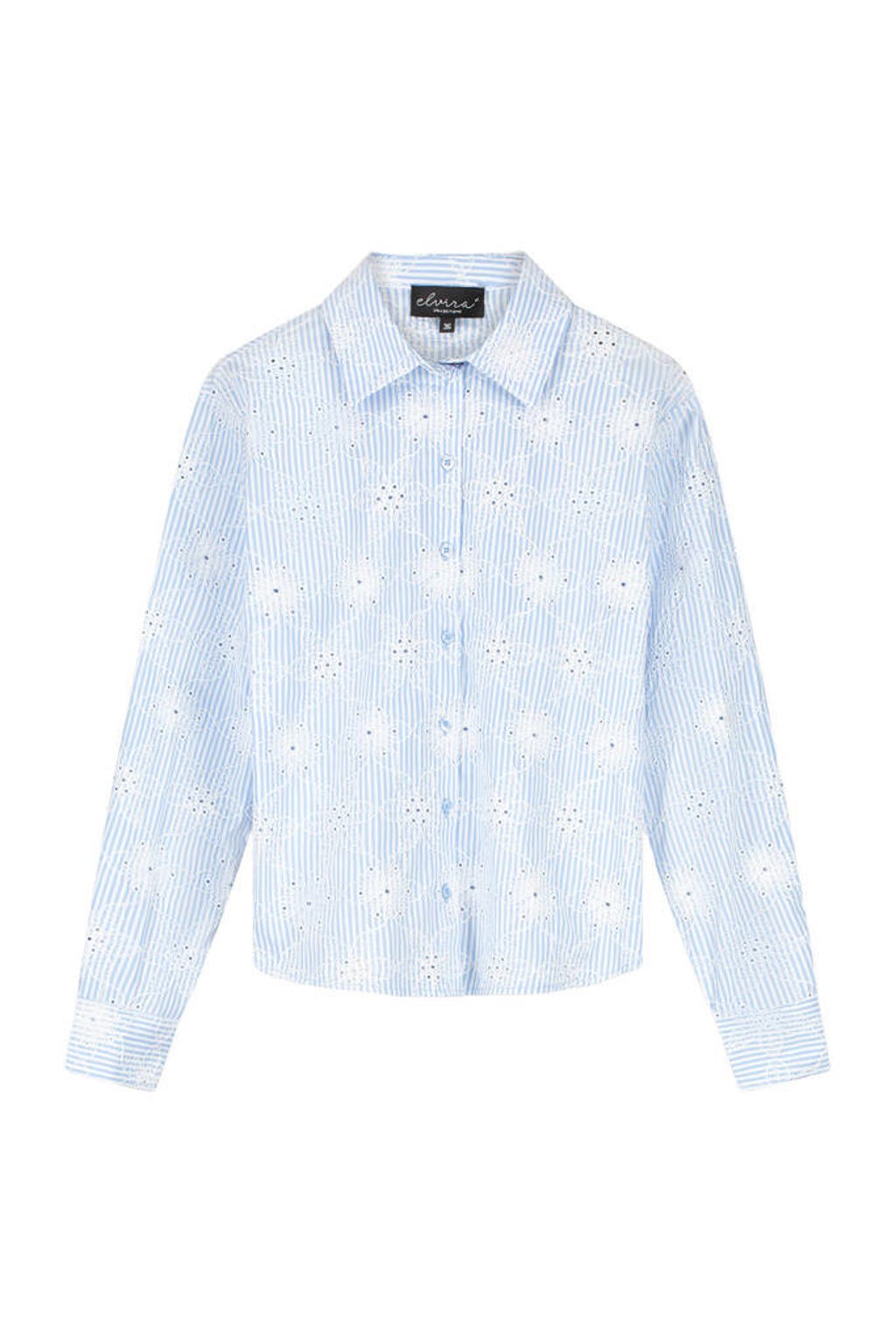 Crème dames Elvira Collections gestreepte blouse van viscose met lange mouwen, klassieke kraag, knoopsluiting en borduursels