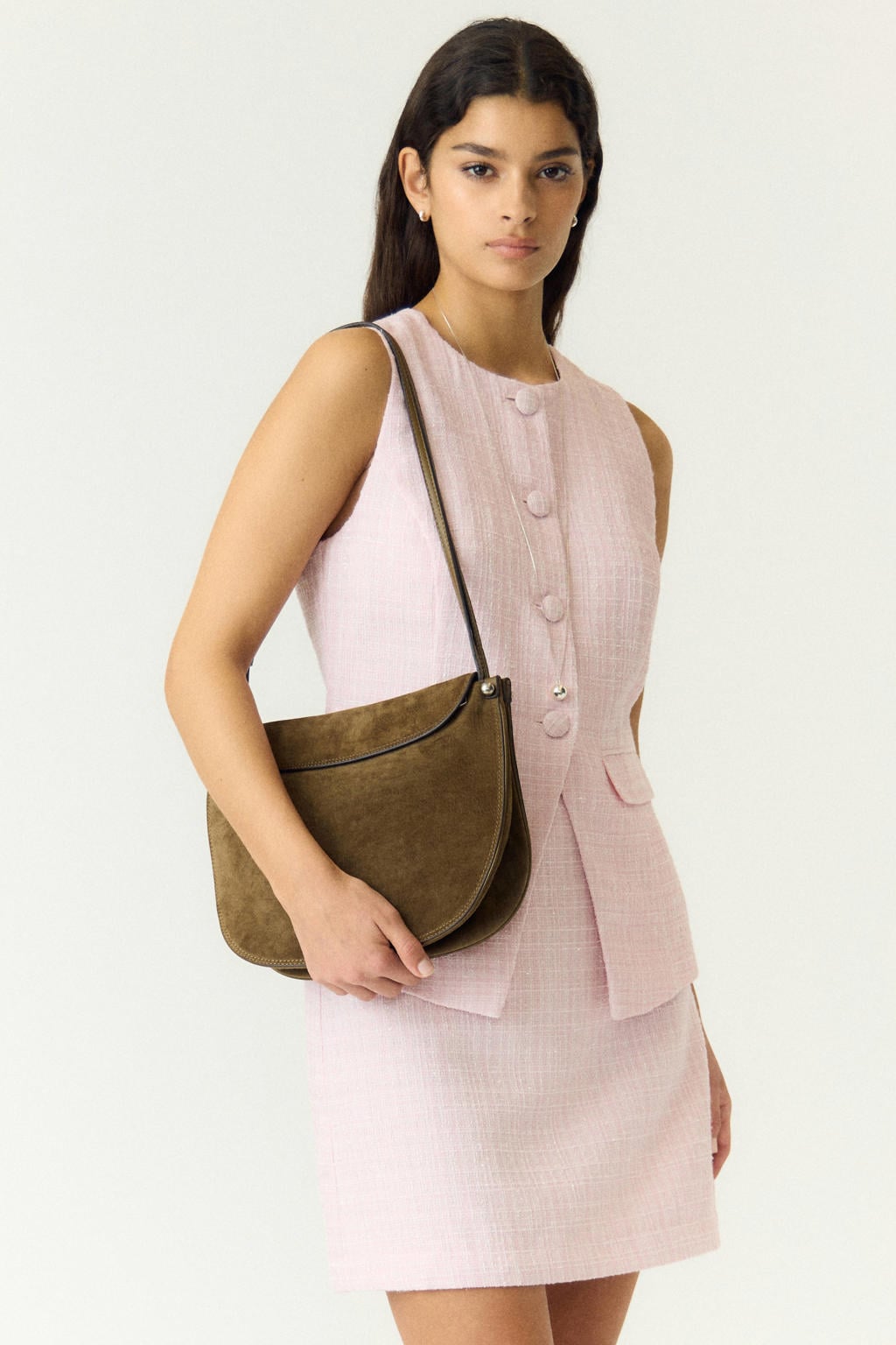 Lichtroze dames YAS tweed gilet met effen, reverskraag en knoopsluiting