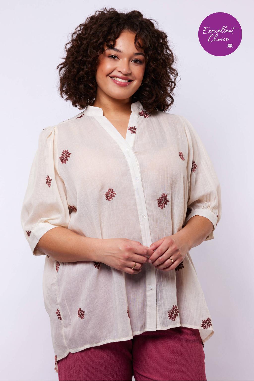 Ecru en roze dames Exxcellent gebloemde blouse van polyester met korte mouwen, klassieke kraag, knoopsluiting en borduursels