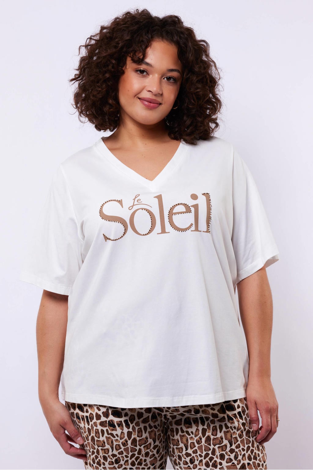 Witte dames Exxcellent T-shirt van katoen met printopdruk, korte mouwen en V-hals
