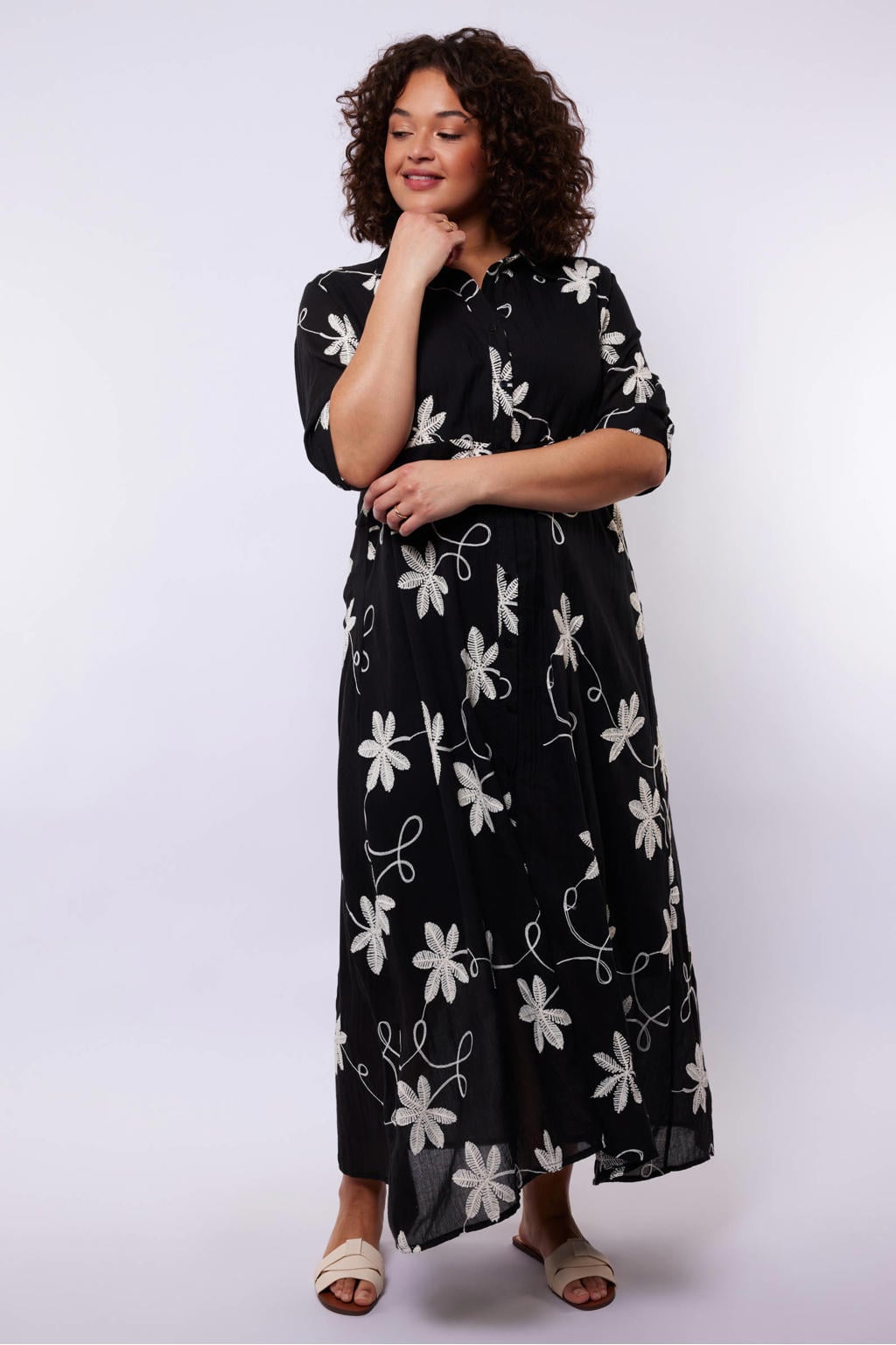 Zwart en ecru dames Exxcellent gebloemde blousejurk van polyester met korte mouwen en klassieke kraag