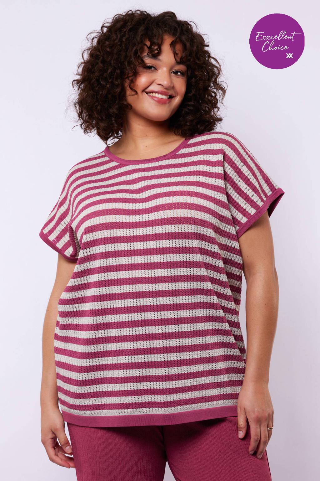 Rood en witte dames Exxcellent gestreepte top van viscose met korte mouwen en ronde hals