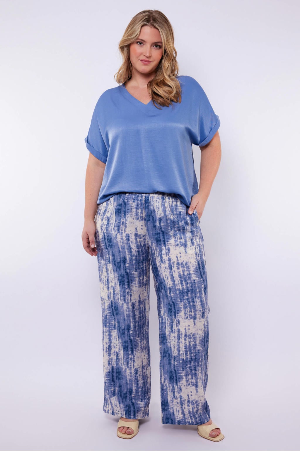 Blauw en witte dames Exxcellent wide leg high waist casual broek van viscose met tie-dye effect