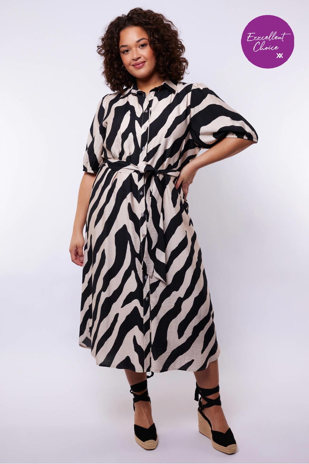 Zwart en ecru dames Exxcellent gestreepte blousejurk van viscose met korte mouwen en ronde hals