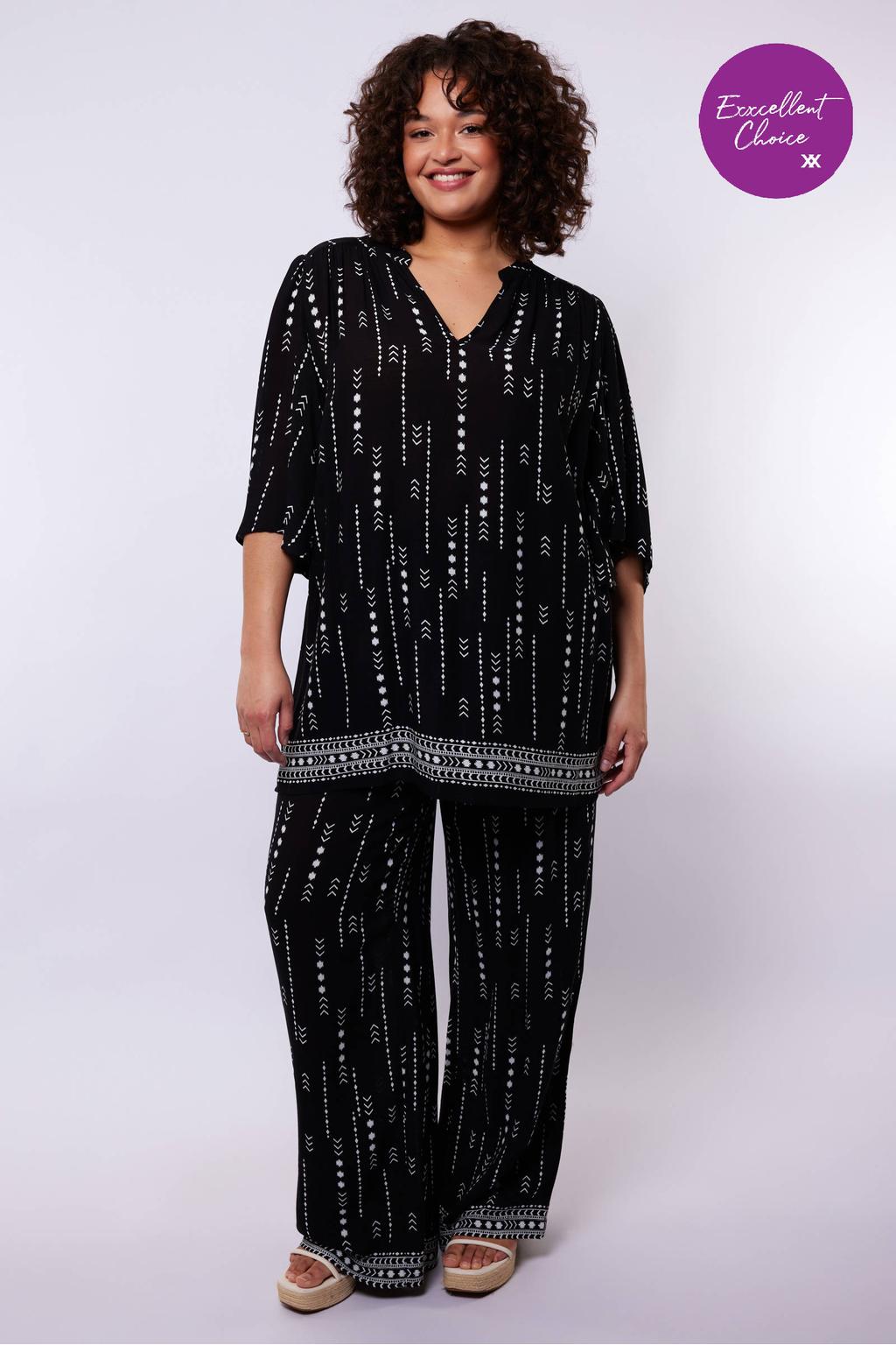 Zwarte dames Exxcellent regular waist palazzo broek van viscose met loose fit en elastische tailleband