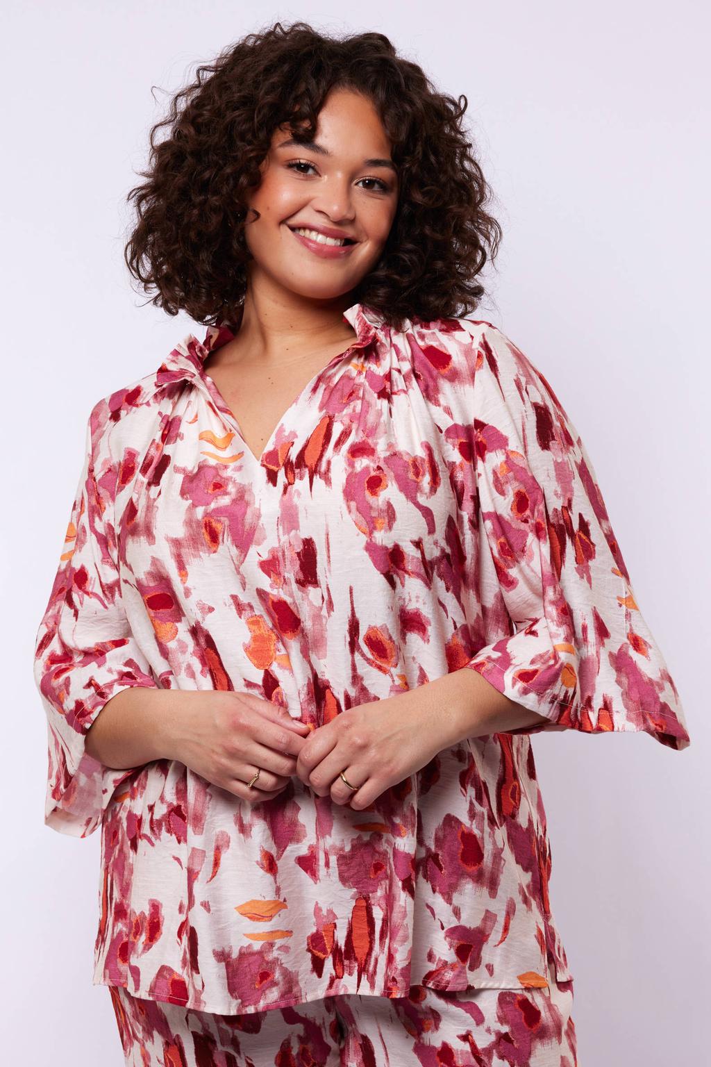 Wit, roze en rode dames Exxcellent top van viscose met korte mouwen, V-hals en smockwerk