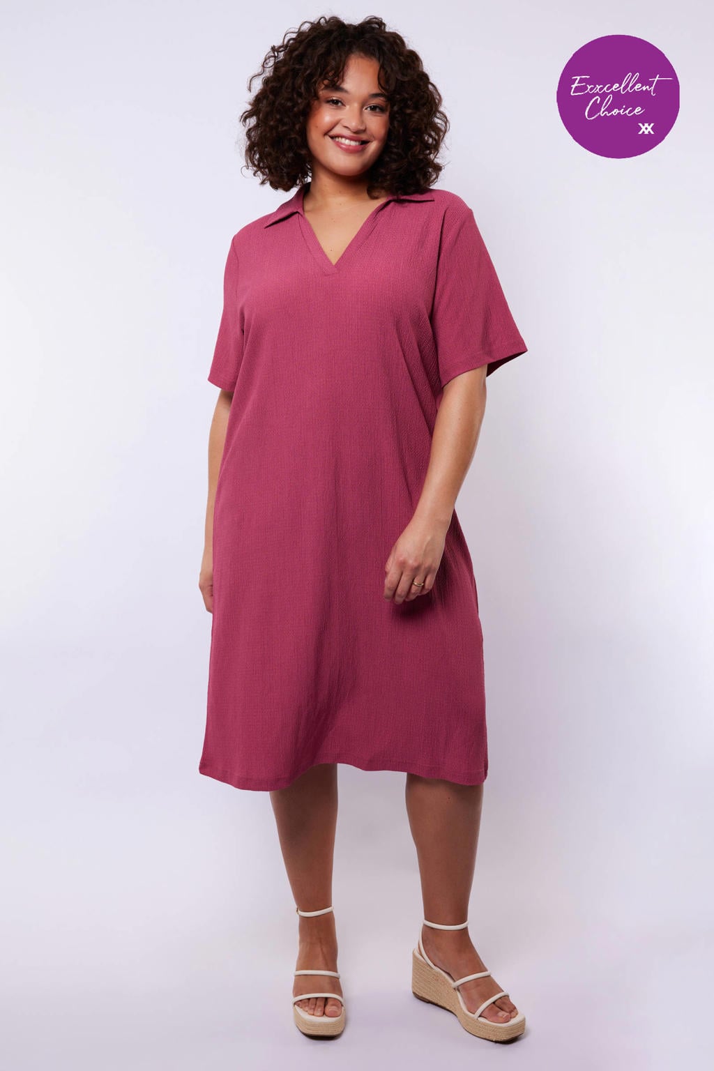 Roze dames Exxcellent t-shirtjurk midi jurk van polyester met effen, korte mouwen en V-hals