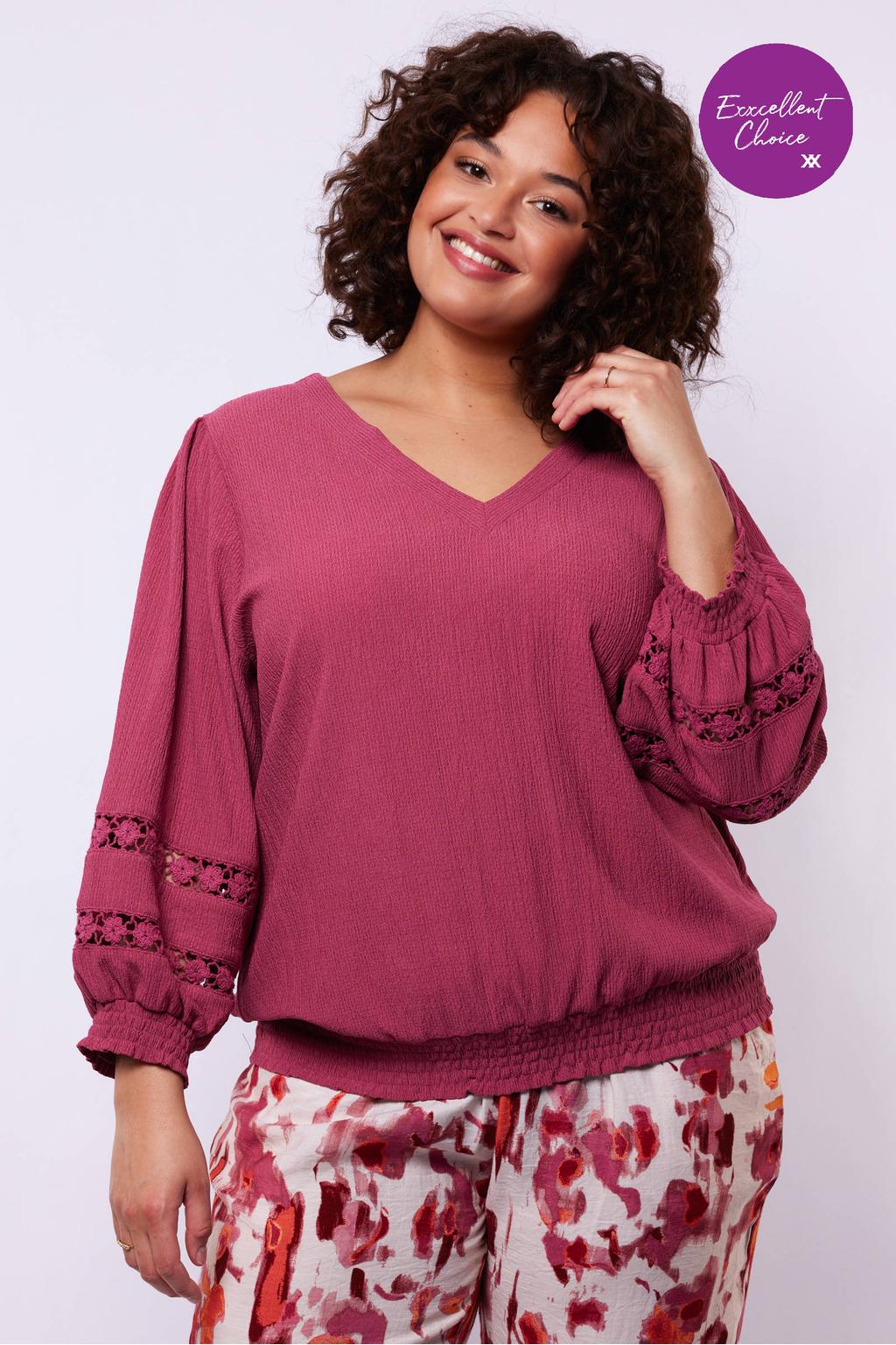 Roze dames Exxcellent blousetop van polyester met effen, lange mouwen, V-hals en elastische boord