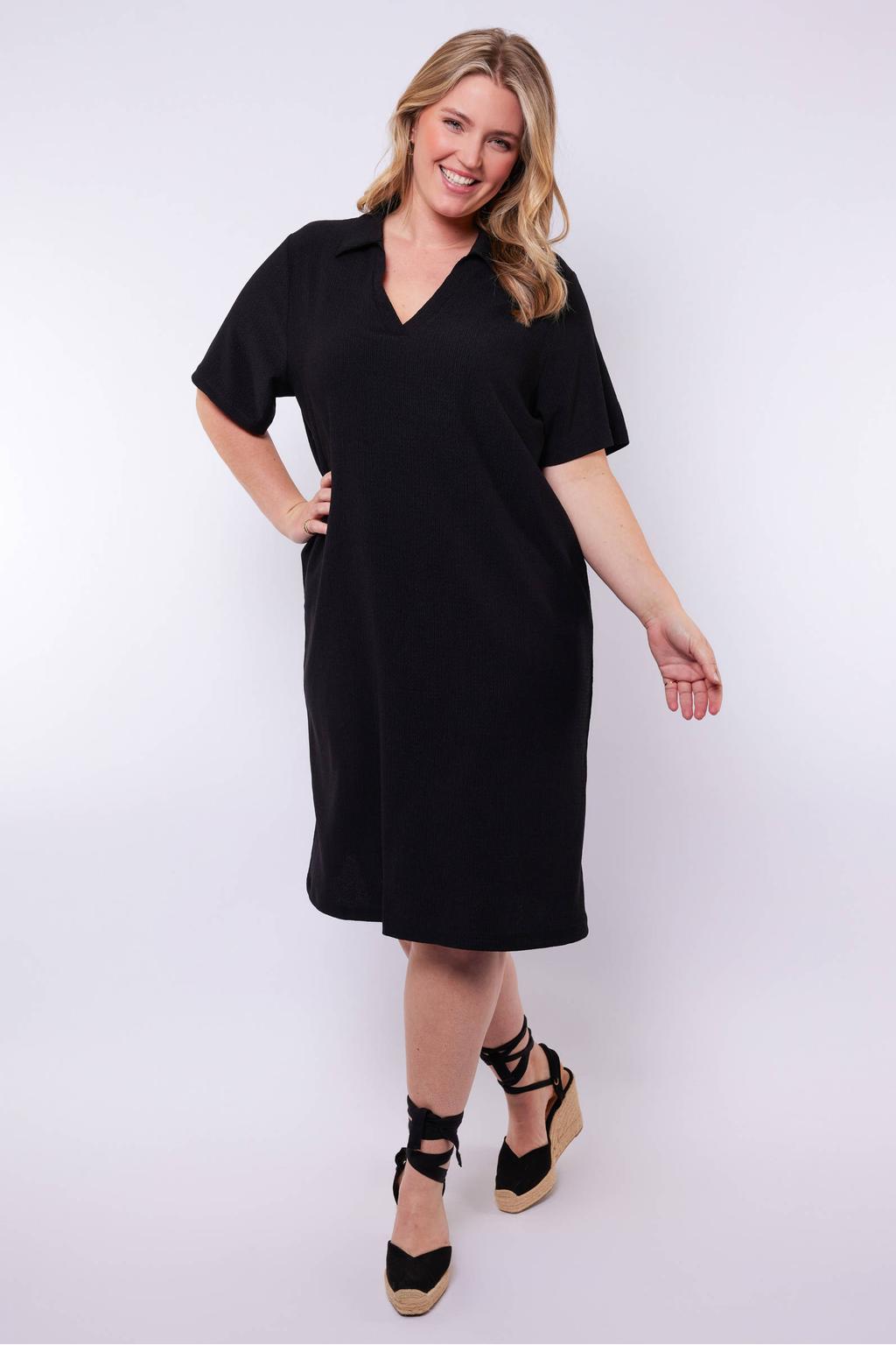 Zwarte dames Exxcellent t-shirtjurk midi jurk van polyester met effen, korte mouwen en V-hals