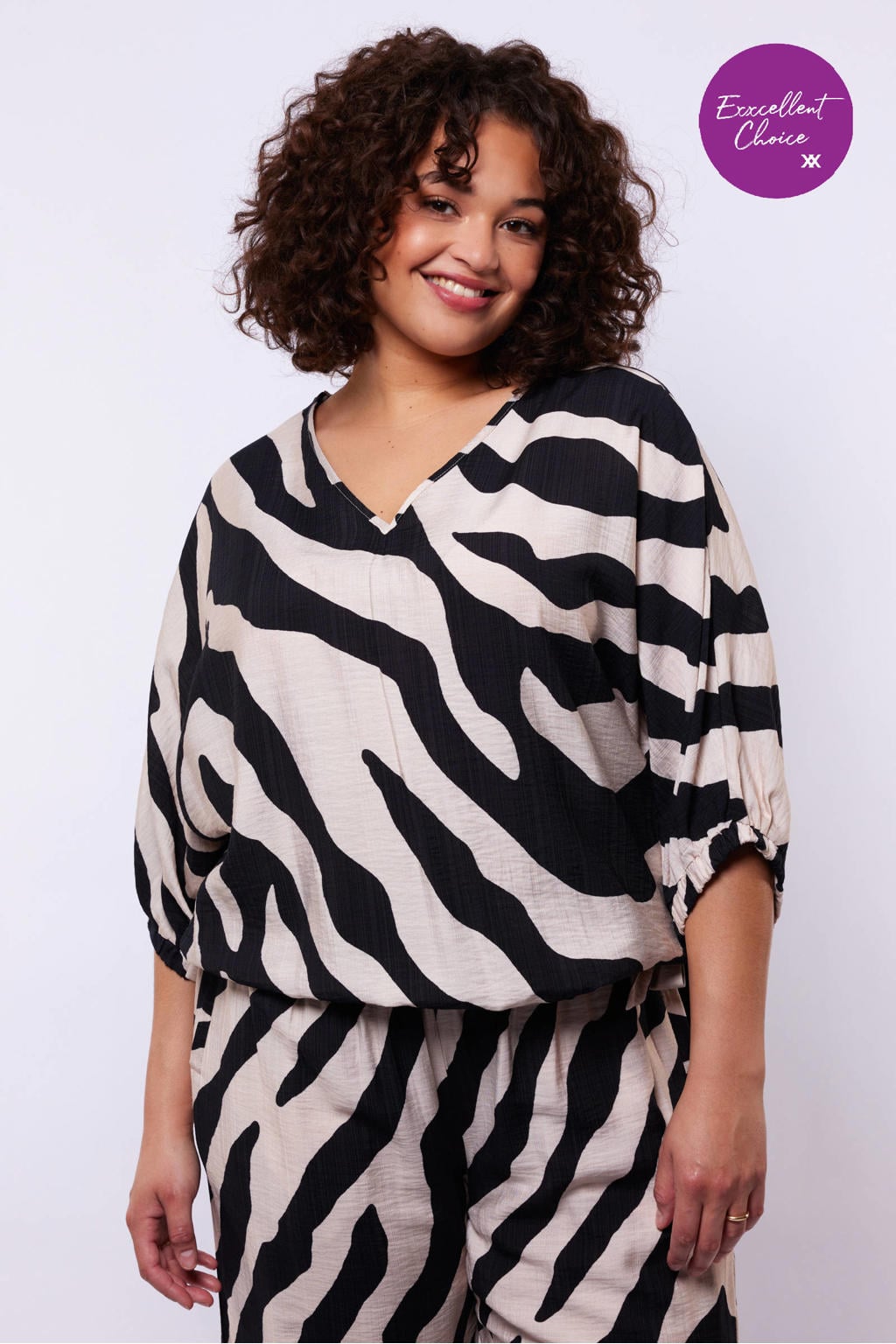 Zwart en witte dames Exxcellent gestreepte blousetop van viscose met half lange mouwen, V-hals en tunnelkoord