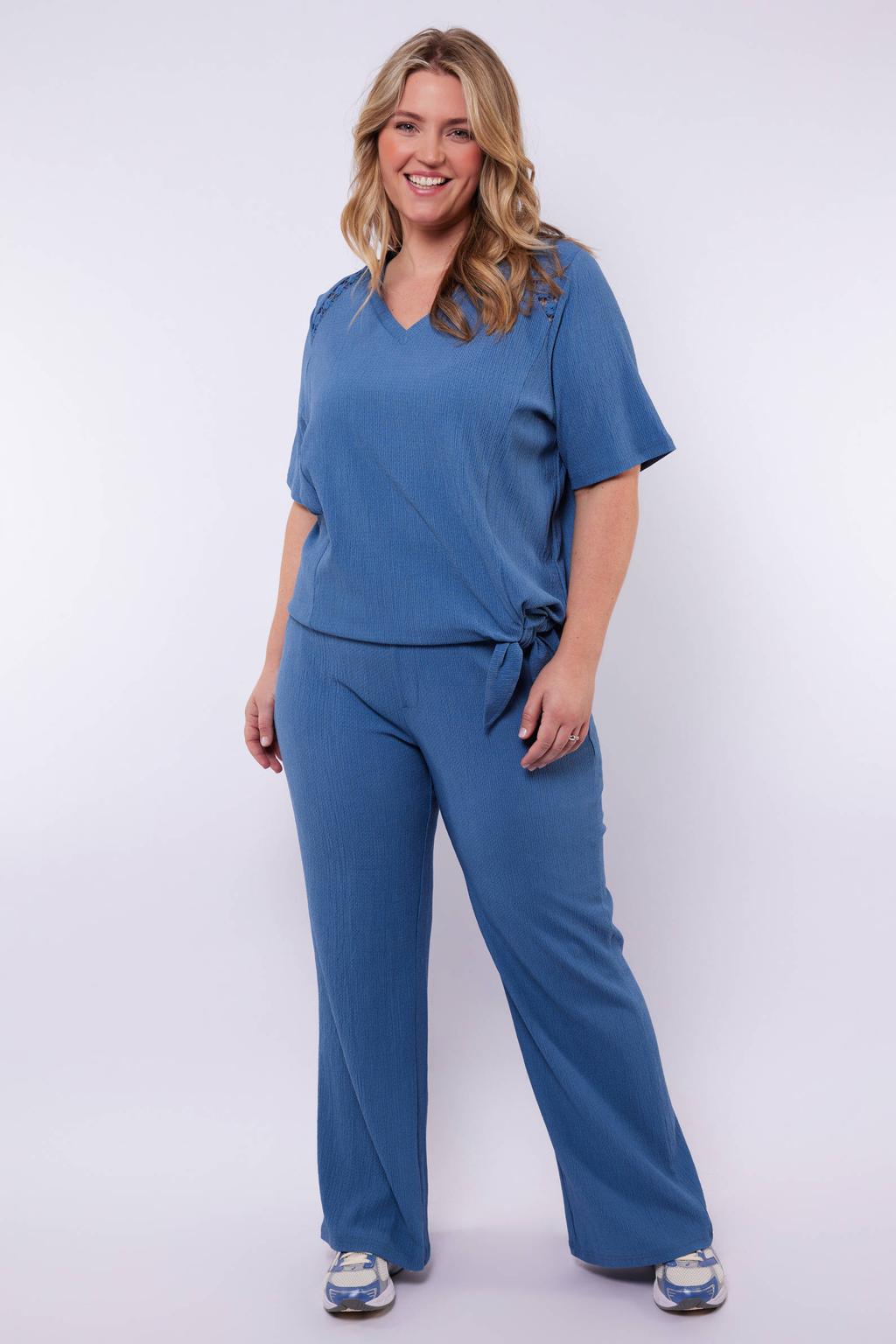 Blauwe dames Exxcellent wide leg high waist casual broek met effen