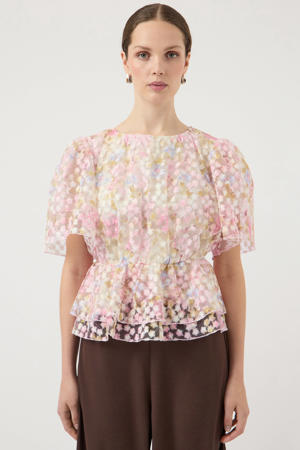 gebloemde peplum top lichtroze