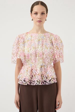 gebloemde peplum top lichtroze