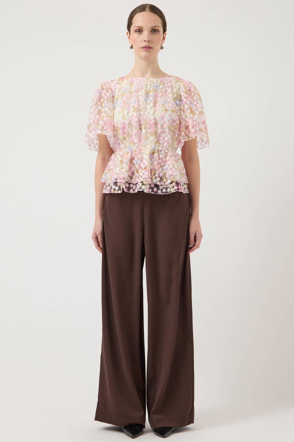Lichtroze en multikleurige dames YAS gebloemde peplum top van polyester met korte mouwen en ronde hals