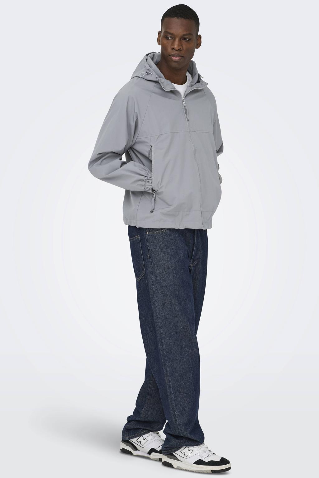 Grijze heren ONLY & SONS tussenjas van polyester met effen, lange mouwen, capuchon, ritssluiting en mesh