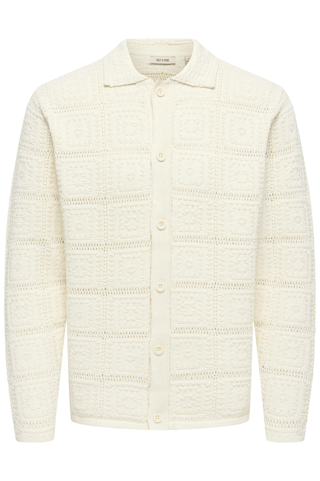 Ecru heren ONLY & SONS vest gebreid van katoen met effen, lange mouwen, klassieke kraag en knoopsluiting