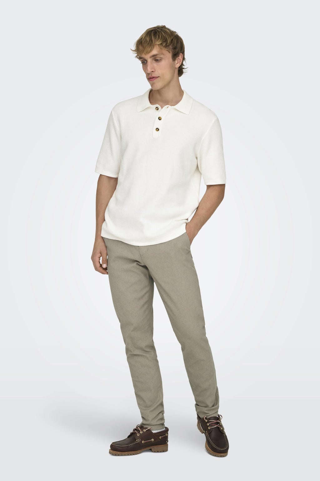 Witte heren ONLY & SONS regular polo gebreid van katoen met effen, korte mouwen en knoopsluiting