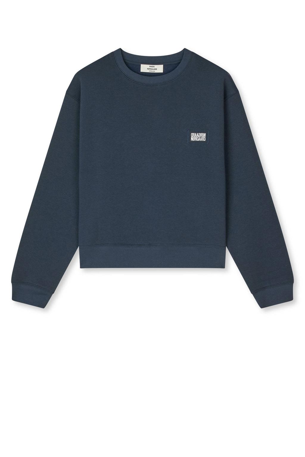 Donkerblauwe dames MADS NØRGAARD COPENHAGEN sweater met tekst print, lange mouwen en ronde hals
