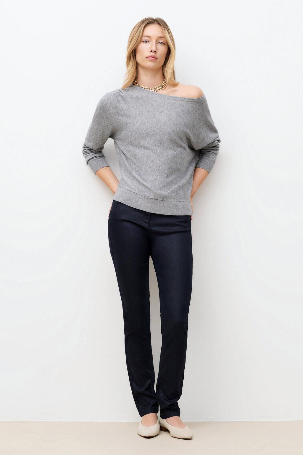 Grijze dames Caroll pullover met effen, lange mouwen, boothals en plooien